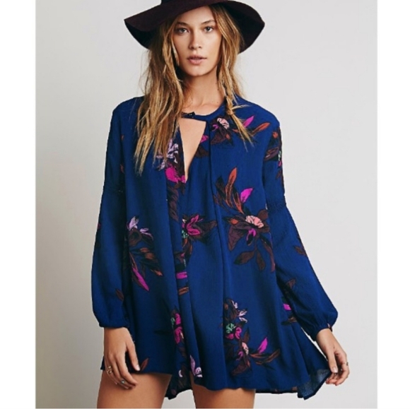 Free People Tops - Free People Blue Floral navy magenta tunic dress M